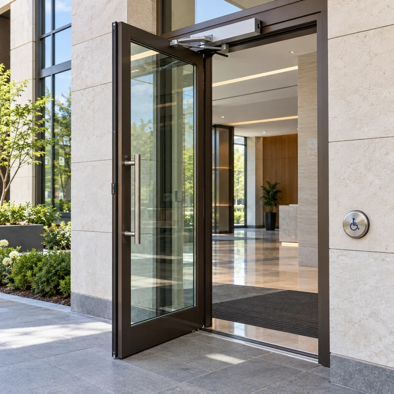 AI-generated illustration of a commercial glass entrance